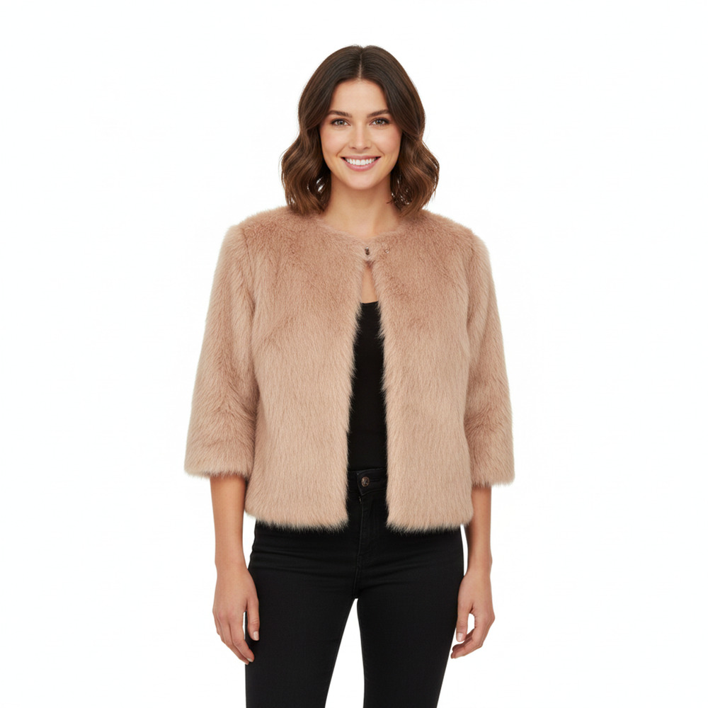 12STOREEZ Beige Wool Blend Shaggy Faux Fur Short Sleeve Cropped Jacket Coat Sz S